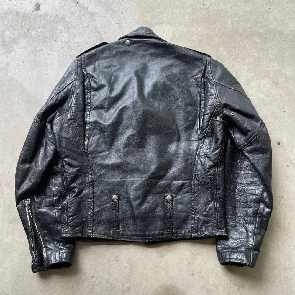 Vintage 60s Black Leather Motorcycle Jacket Biker Moto Asymmetrical Zip Mens 40